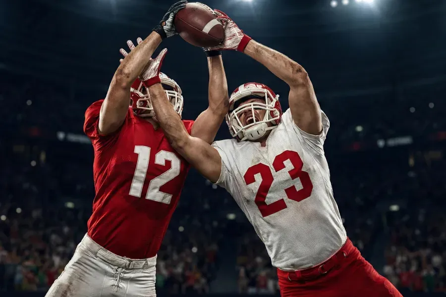 Two football players in red and white jerseys leap to catch a pass in a stadium.